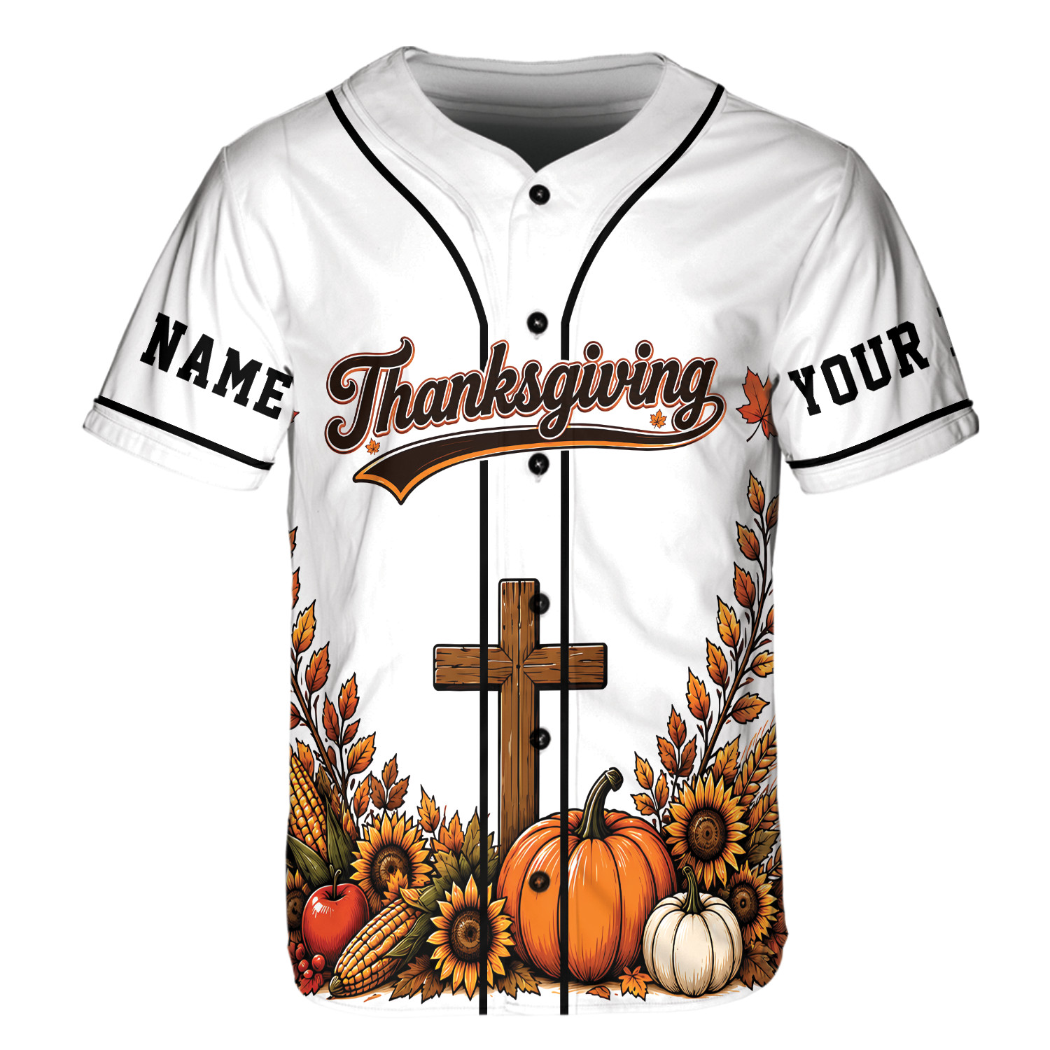Personalized Thanksgiving Baseball Jersey Christian Cross Pumpkin Fall Gift Tee