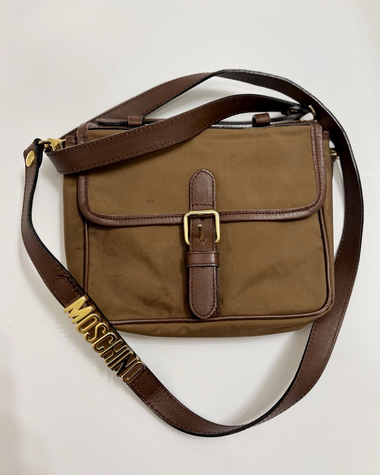 MOSCHINO by REDWALL Tan Nylon + Leather Vintage Crossbody Shoulder Bag