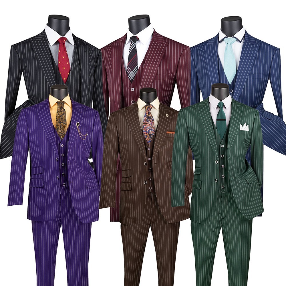 Vinci Men’s Regular Fit Gangster Stripe 2-Button 3-Piece Suit Brown