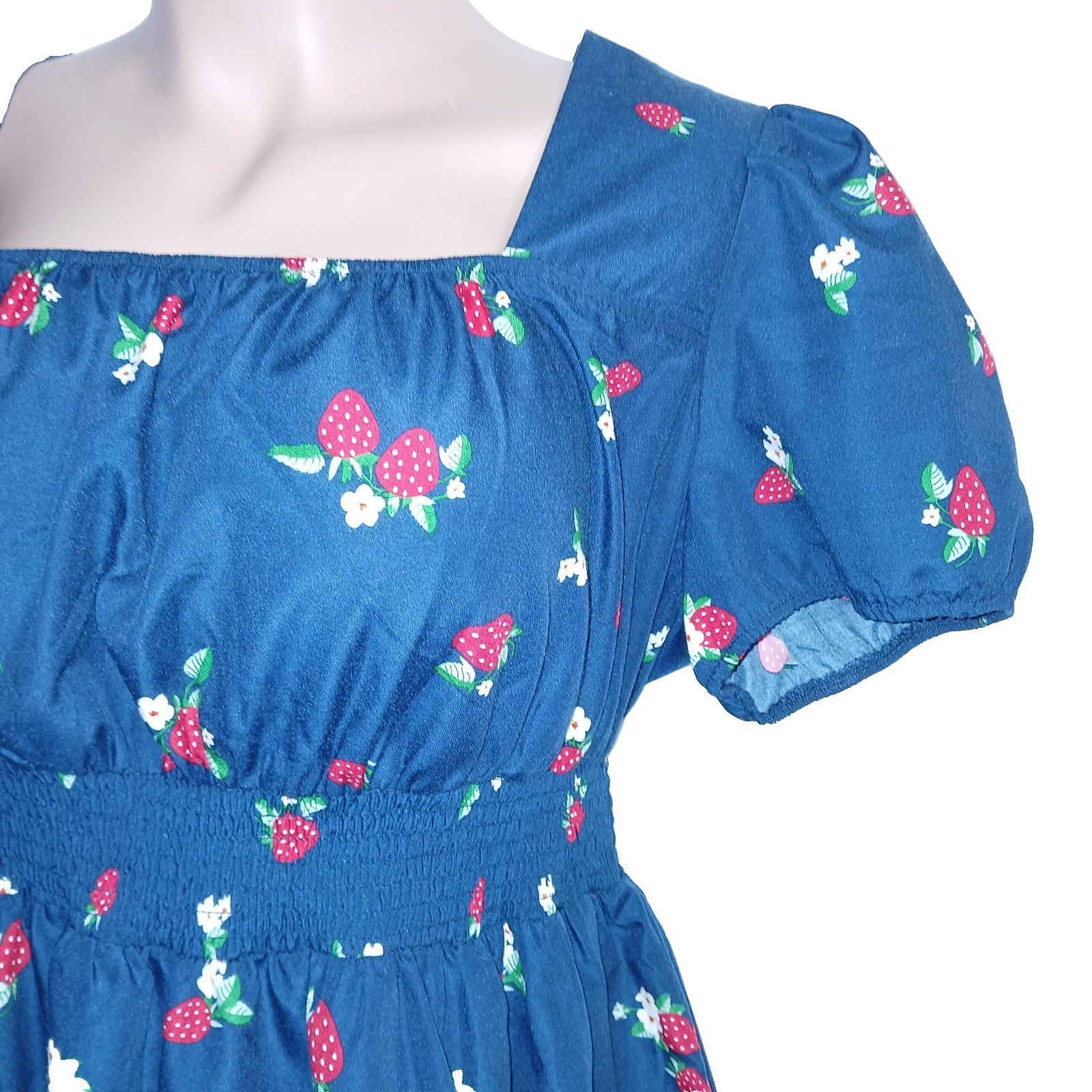 Hesperus Women Strawberry Peplum Top 3X Blue Fruit Floral Smocking Cottagecore