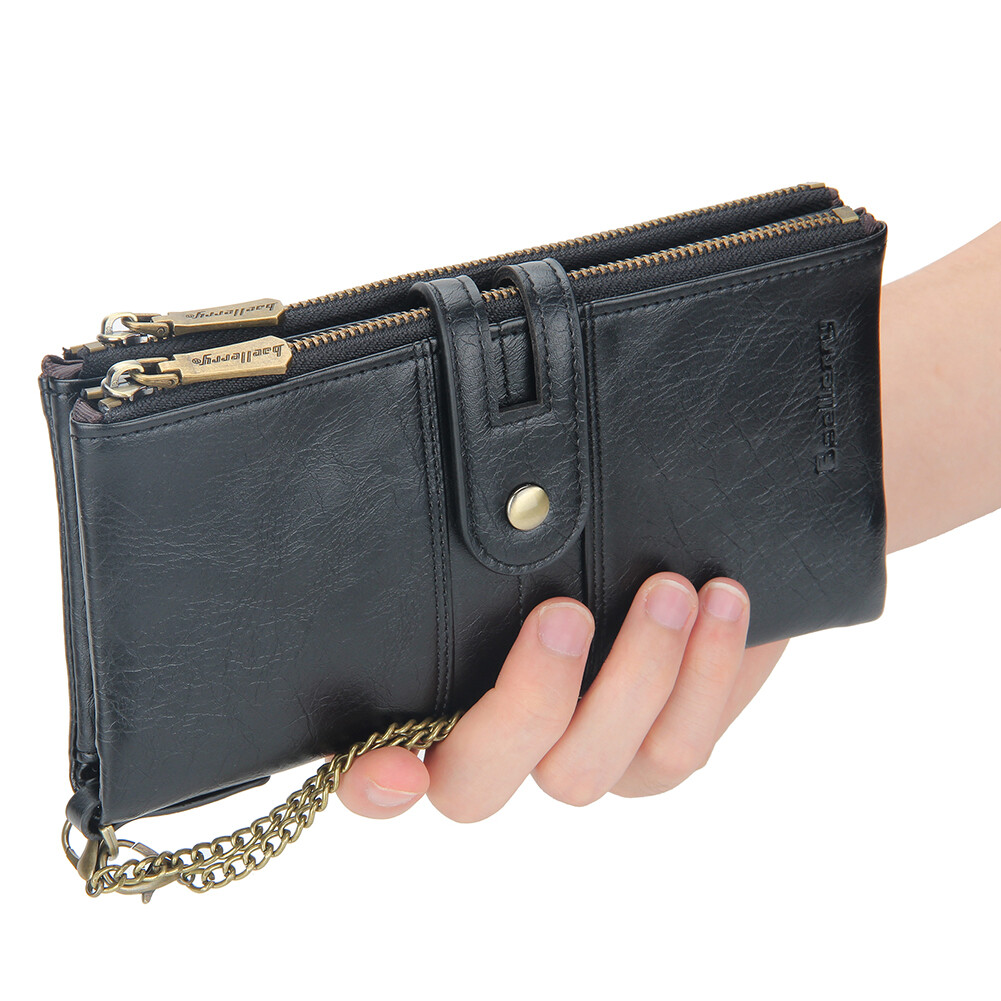 Mens RFID Wallet with Anti-Theft Chain Large Capacity Double Zipper Phone Purse