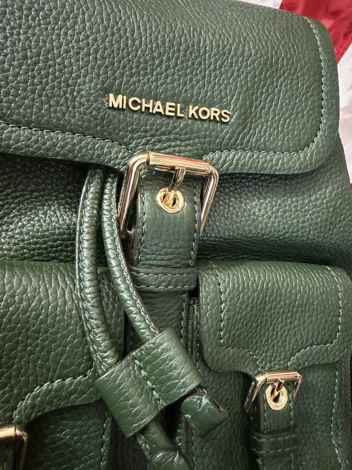 Michael Kors Green Pebbled Small Backpack Gold Hardware Buckle Drawstring Strap