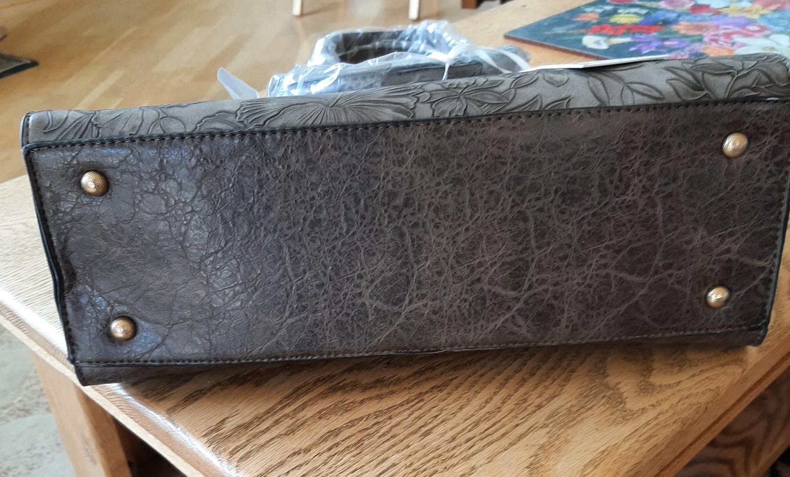 Alyssa Taupe Vegan Leather Floral Tooled Look Large Purse
