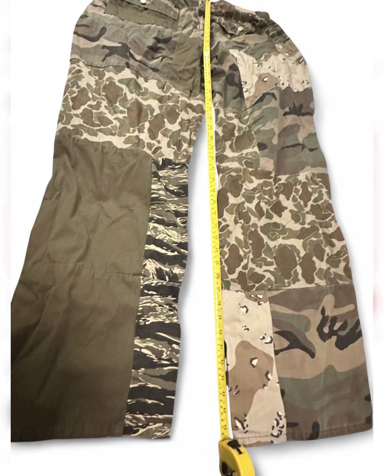 MNML Ultra Baggy Patchwork Denim Jeans, mixed camouflage panel design. Size 38