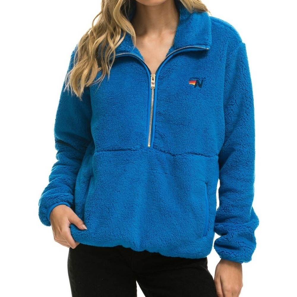 Aviator Nation Teddy Plush Half Zip Jacket Pullover Sweatshirt Blue Cina XS