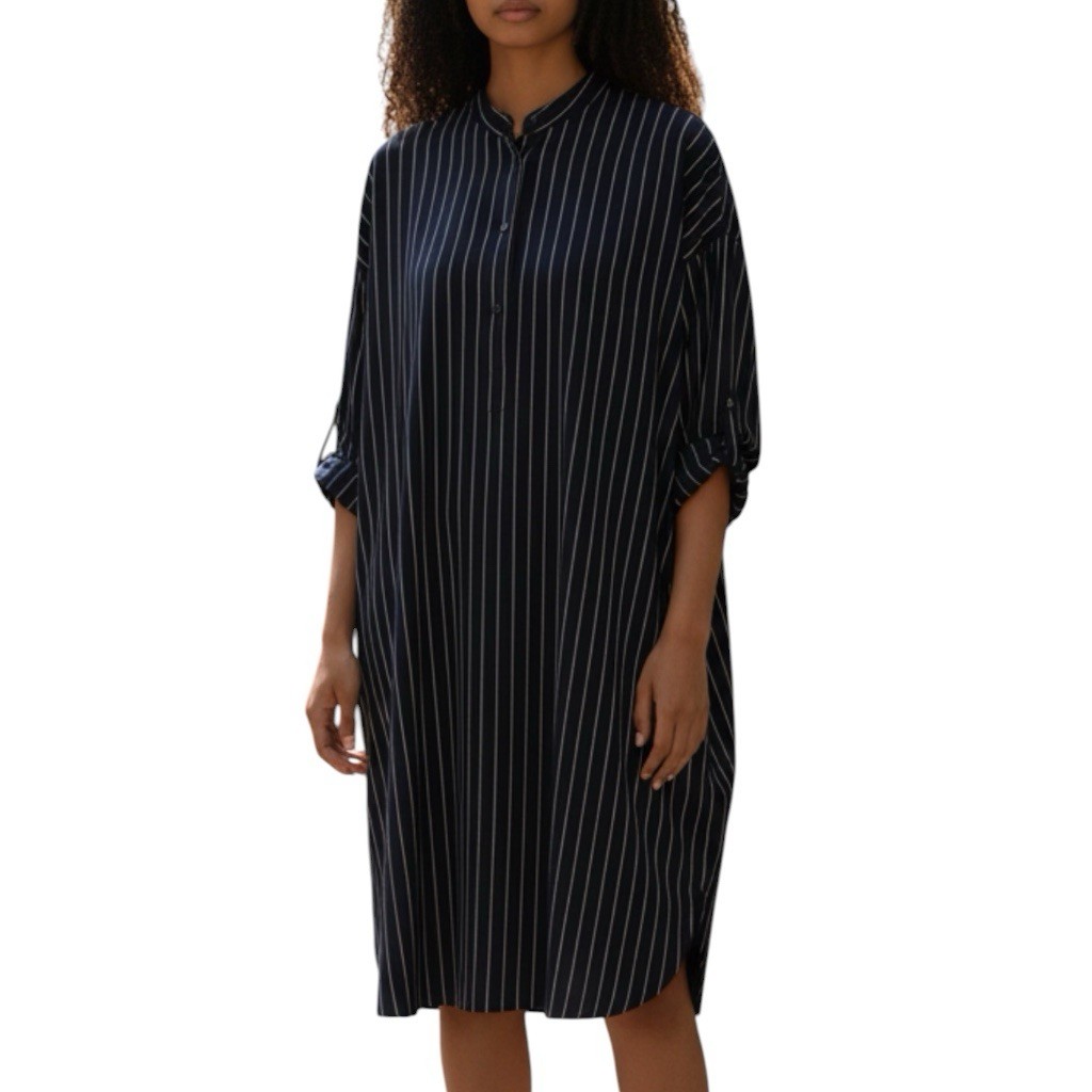Aritzia Babaton Navy Blue Striped Shirt Dress Oversize Button Front Pockets 2