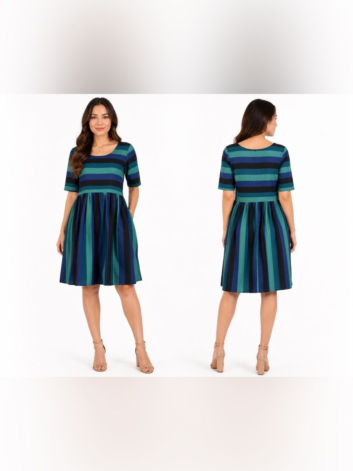 Collectif Teal, Navy & Black Striped Fit & Flare Dress. Size XL