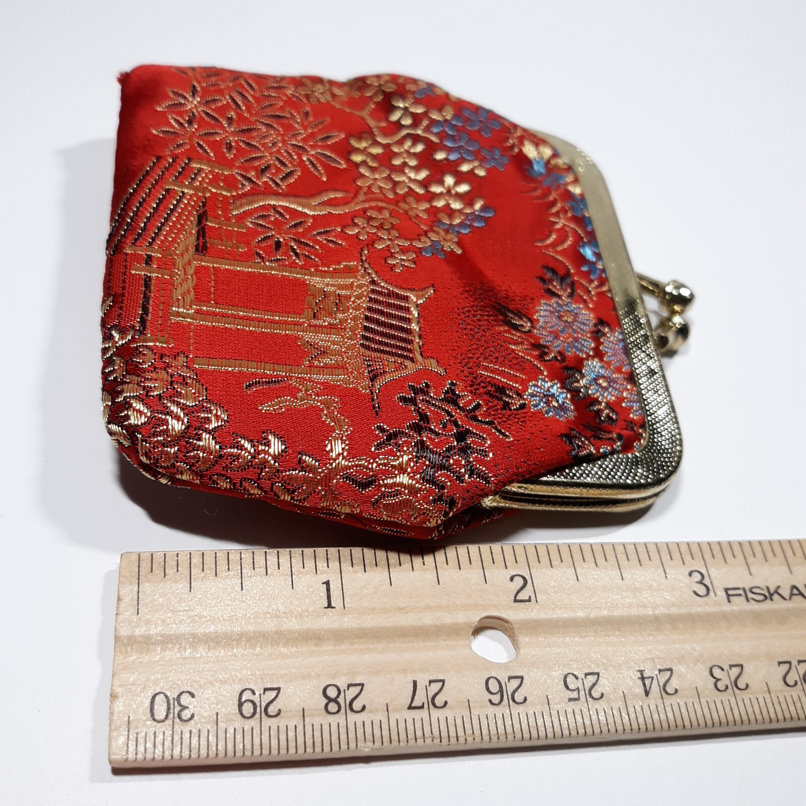 VINTAGE COSMETIC PURSE ACCESSORY SET RED SILK ORIENTAL PRINT + Lipstick Holder
