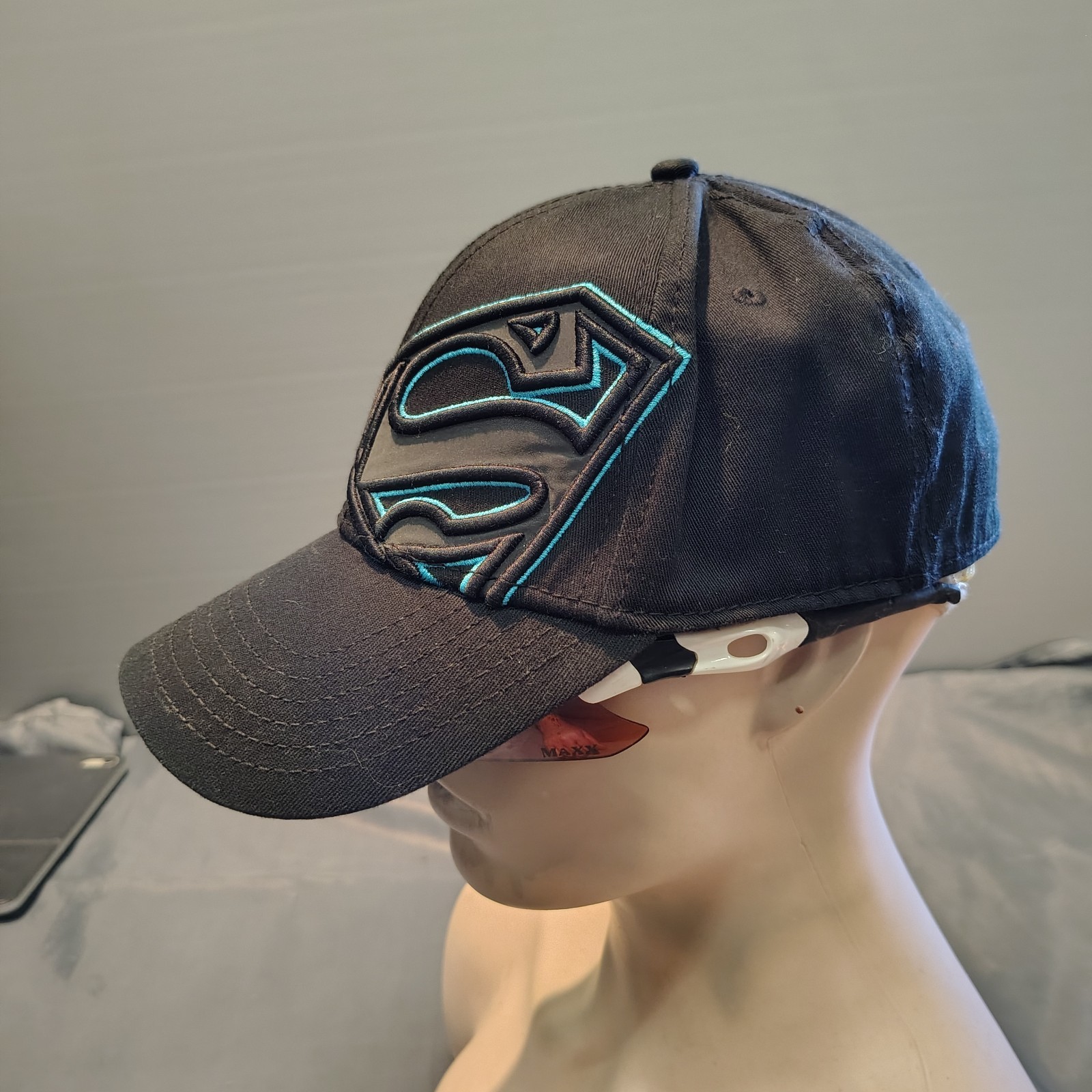 Superman S Logo Patch Ball Cap DC Comics Black Hat Black Neon Blue Symbol OSFM