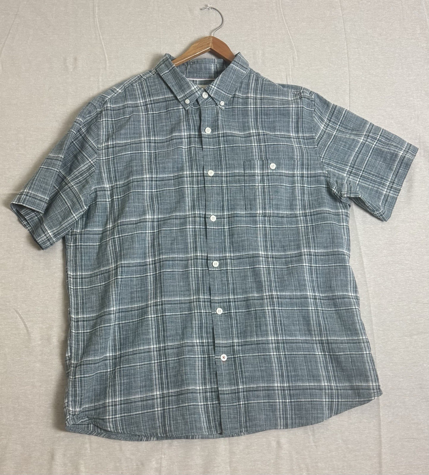 Weatherproof Vintage Men XL Blue Plaid Linen Button Shirt Short Sleeve
