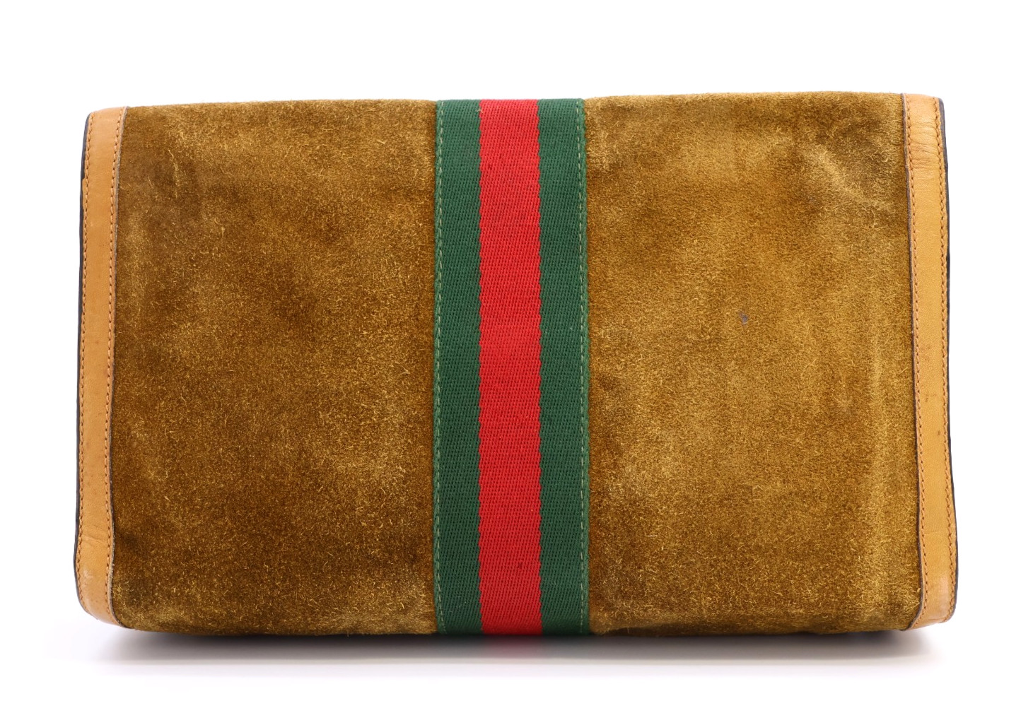 GUCCI VINTAGE Web Stripe Clutch Suede Leather Camel Large Rare Authentic
