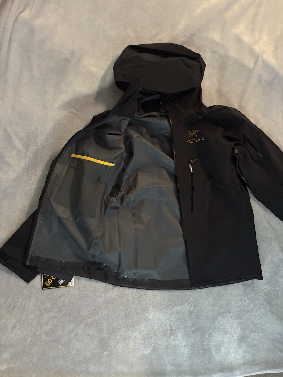 Arc’teryx Men’s Size L Black Hooded Zip Jacket Stand-Up Collar Nylon GORE-TEX