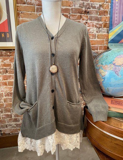 LOGO Lori Goldstein Willow Green Button Front Knit Cardigan Lace Hem New