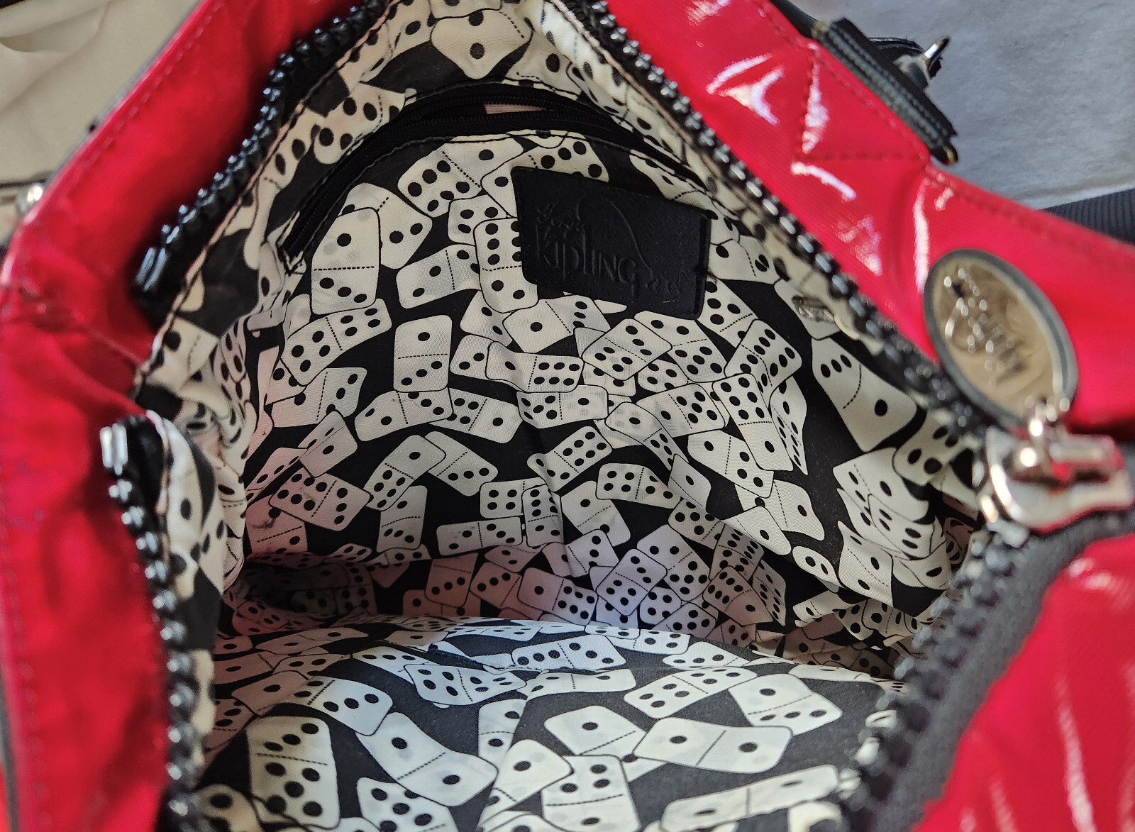 Kipling Fergie Glossy Convertible Crossbody Bag Tote Red and Black, Front Pouch