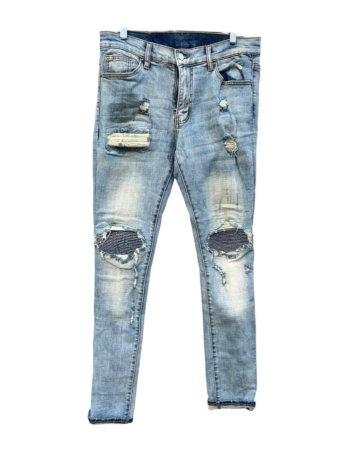 MNML Men’s Size 32×34 Distressed Blue Slim Fit Denim Jeans Stretch EUC