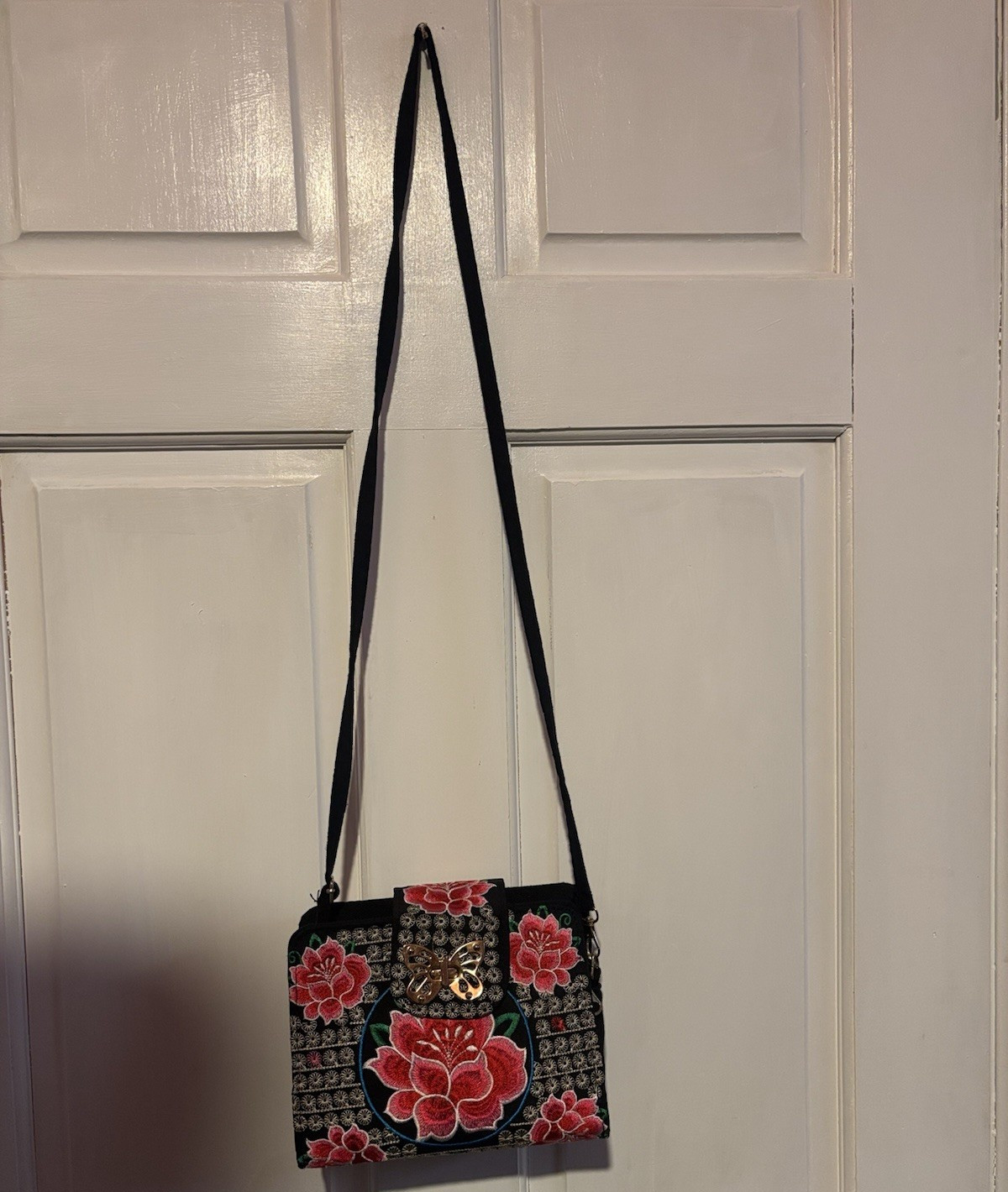 Black Floral Embroidered Small Crossbody Bag Butterfly Buckle Zip, Pockets