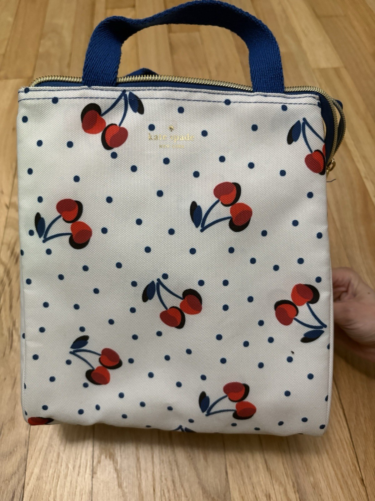 Kate Spade Insulted Lunch Tote Bag White With Cherries And Navy Polka Dots
