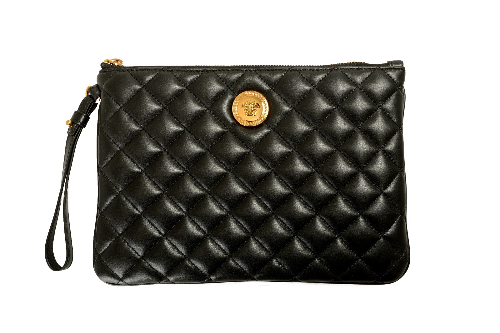 Versace Black Quilted 100% Leather Clutch Pouch Handbag Bag