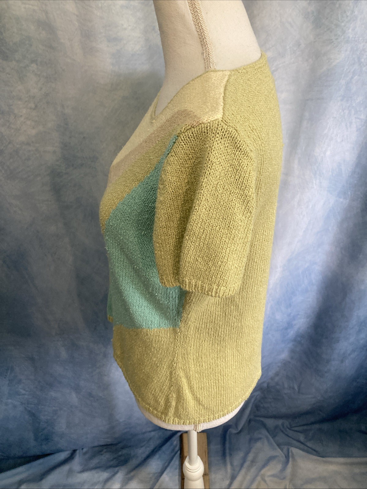 Vtg 90s Requirements Pastel Color Block Knit Short Sleeve Sweater Top Ramie Boxy