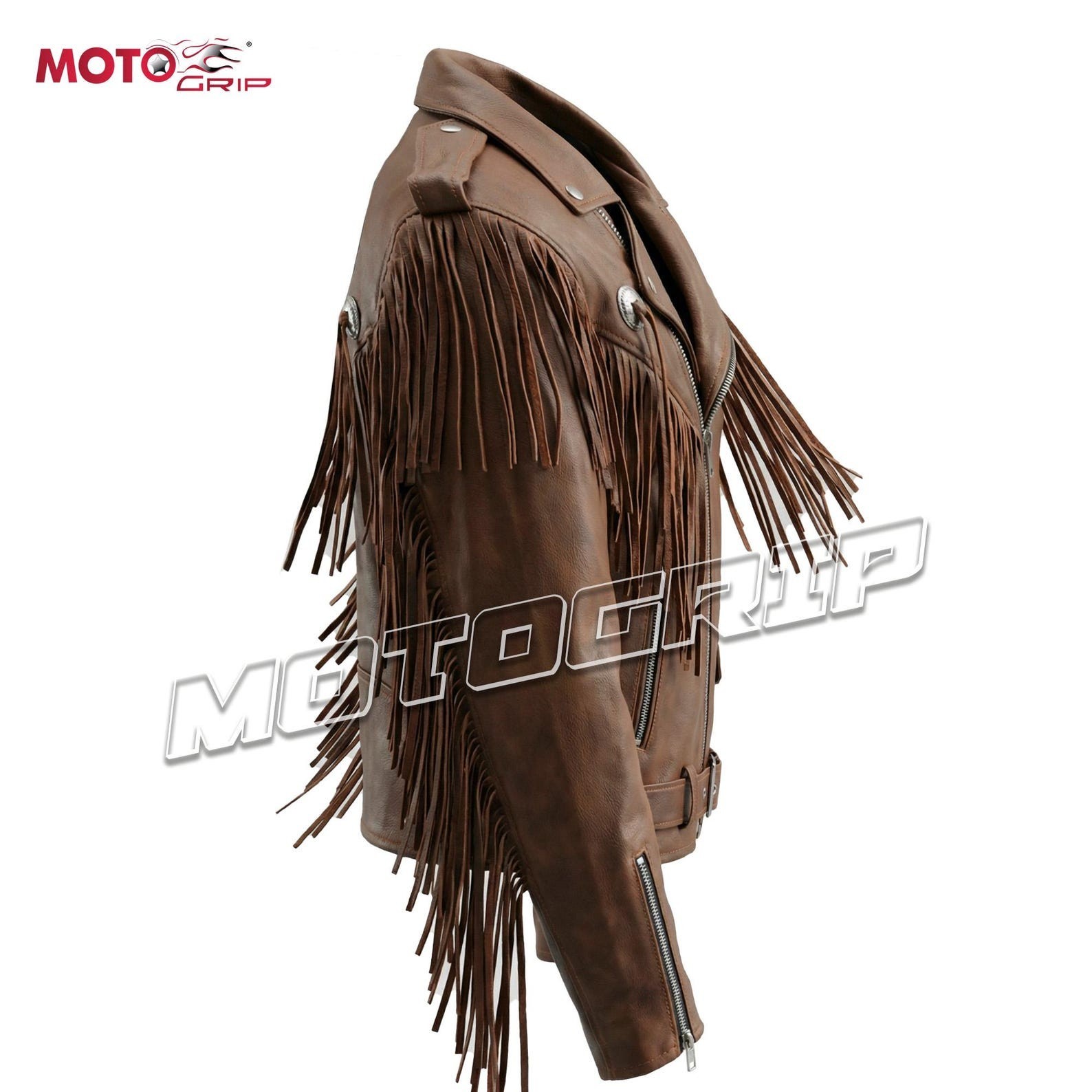 Men’s Brown Leather Fringe Jacket – Western Cowboy Biker Style – Vintage Tassel