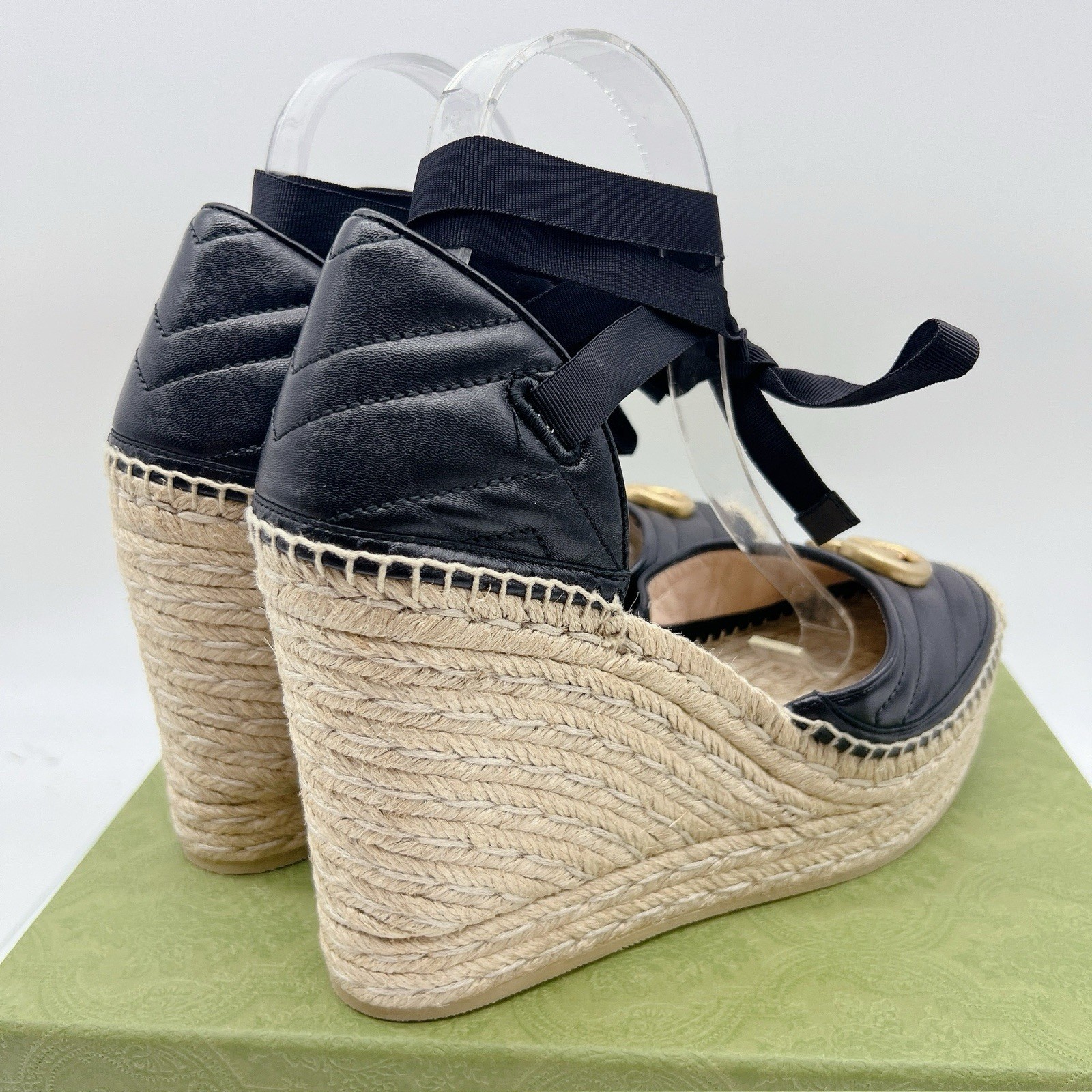 Gucci GG Marmont Platform MATELASSÉ Wedge Heels Espadrille Black Leather EU 40.5