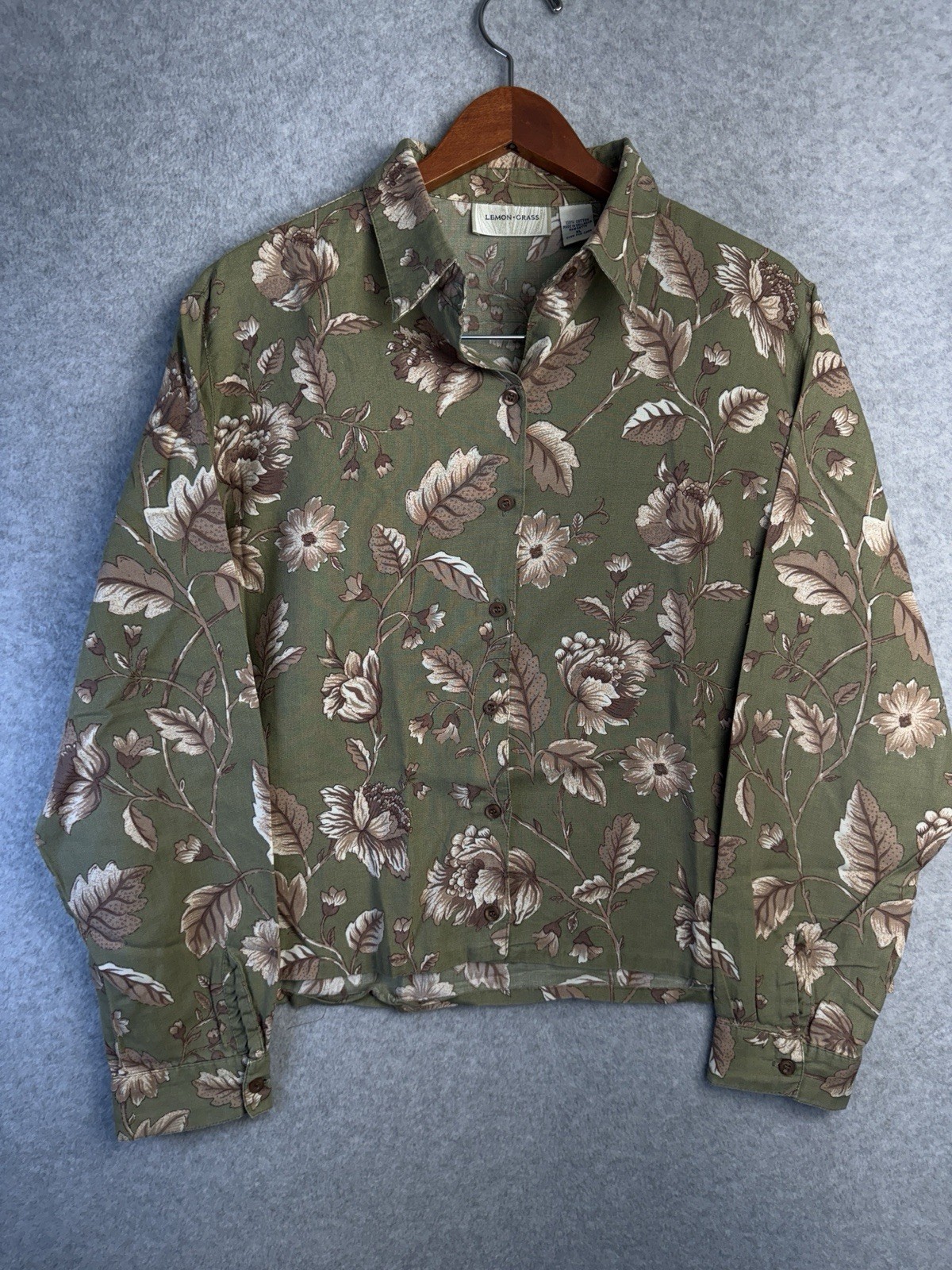 VTG Lemon Grass XL Green Floral Button Down Shirt 100% Cotton 90s Eclectic