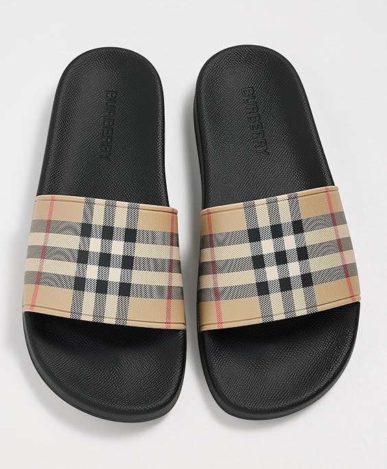 Burberry Women’s Check Slide Sandals Black/Beige Logo Slip-On US 9.5