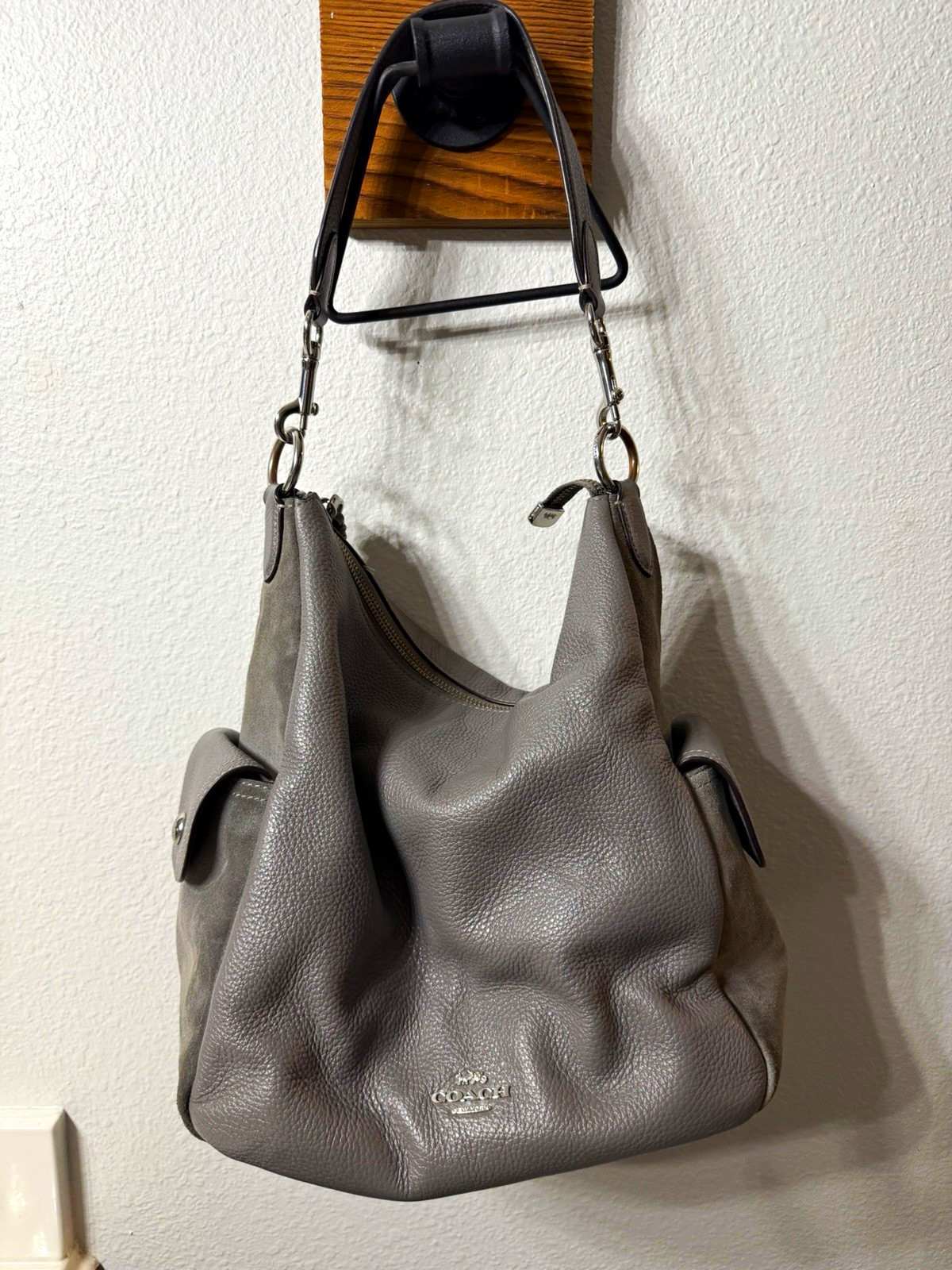 Coach Gray Pebbled Zip Top Crescent Shoulder Bag, Silver Hardware, Pockets