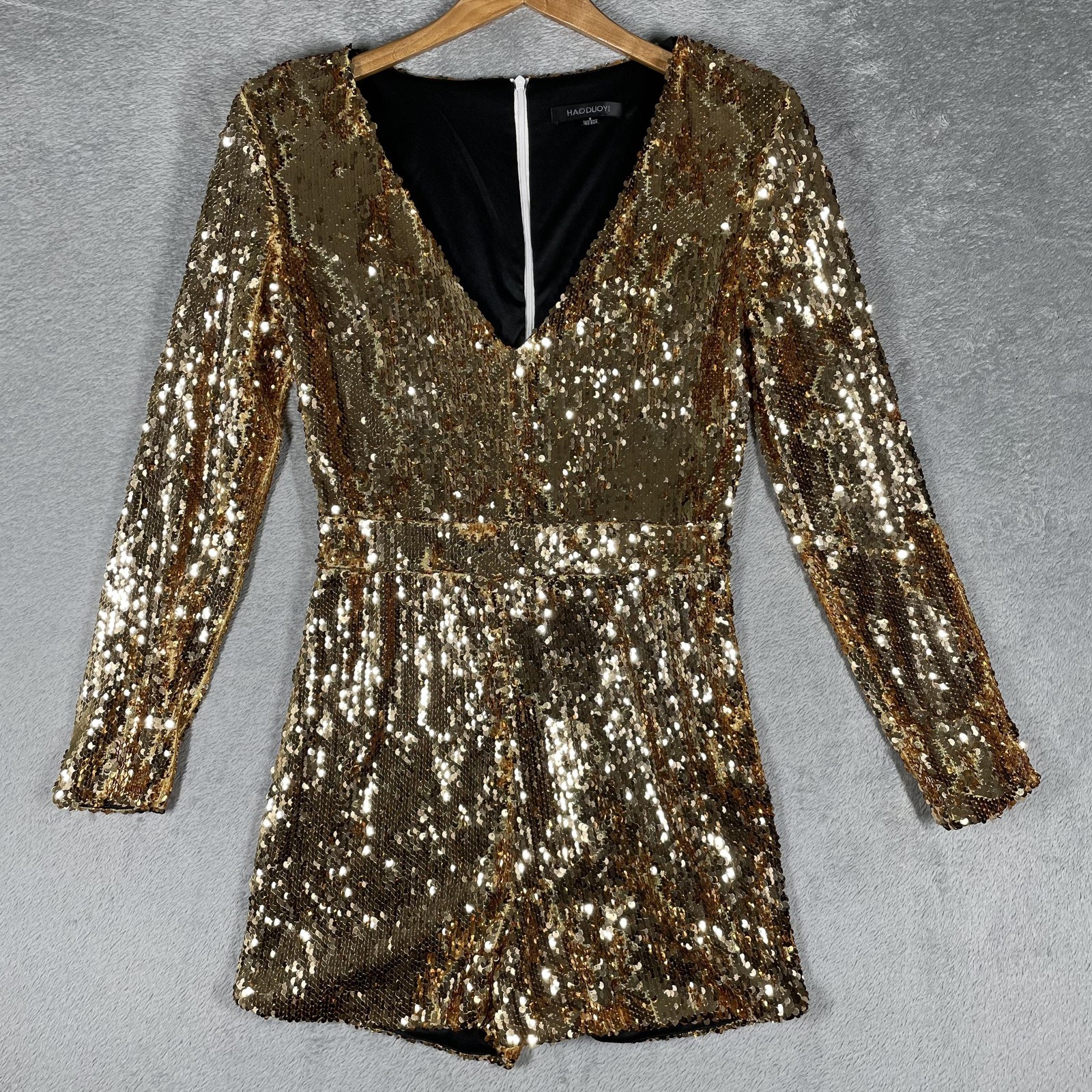 Haoduoyi Sequined Romper Womens S Gold One-Piece Mesh V-Neck Lined Zip