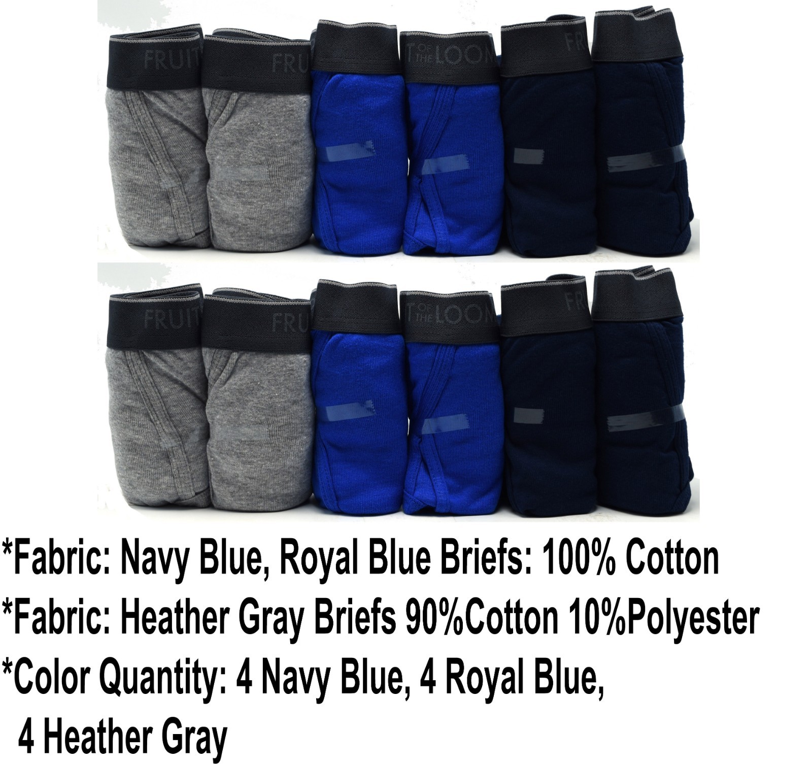 12 Blue Gray Extra Large XL 40-42 Briefs Mid Rise Fruit of the Loom EG 102-107CM