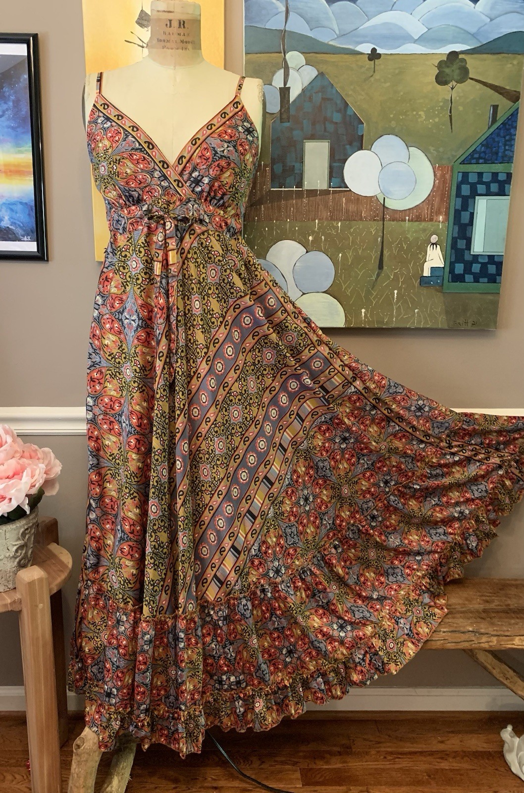 Boho Patchwork Maxi Dress Earth Tone Ruffle Festival Medium Soft Fabric