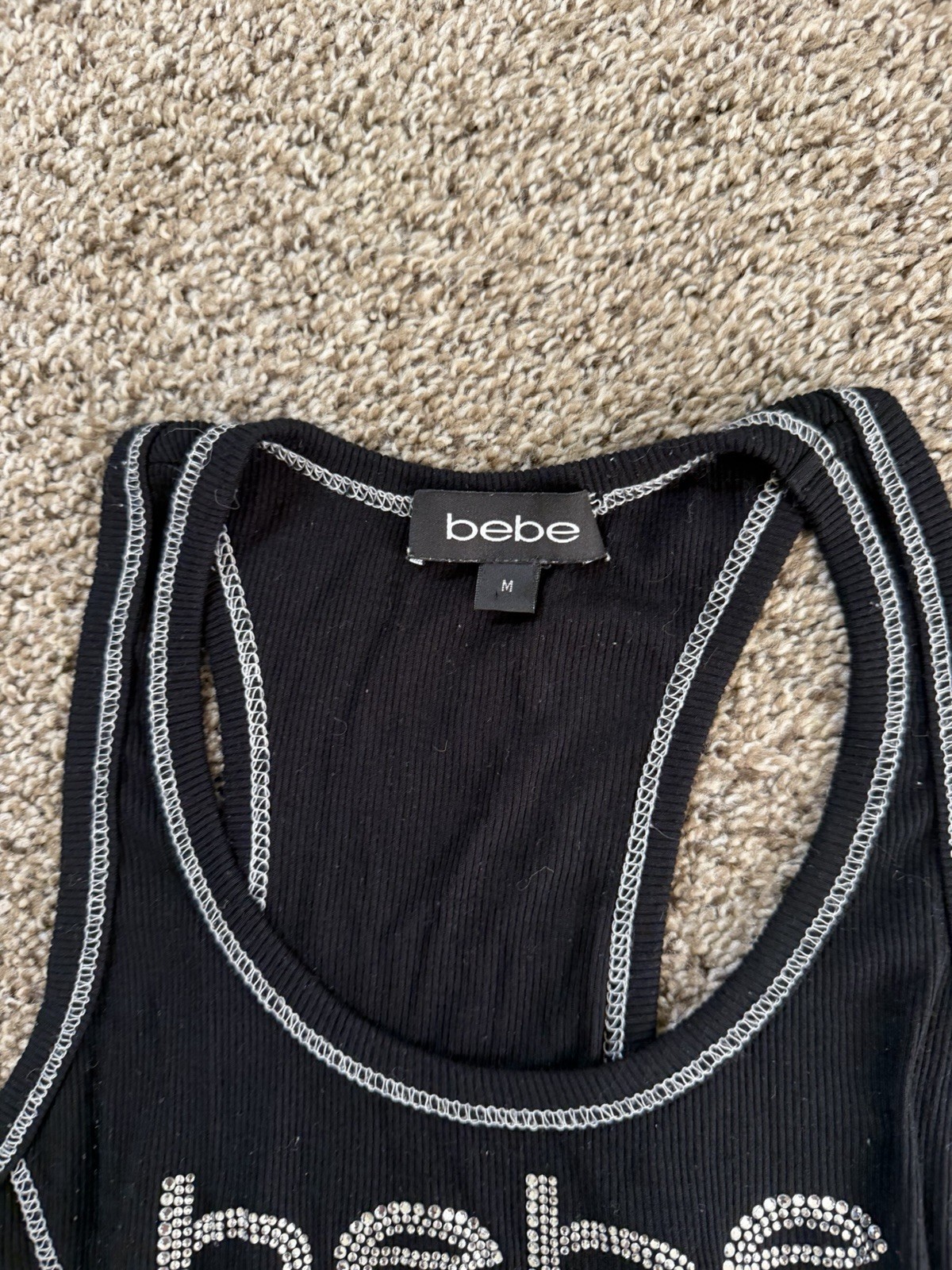 bebe Women’s M Black Ribbed Rhinestone Logo Scoop Neck Racerback Tank Top