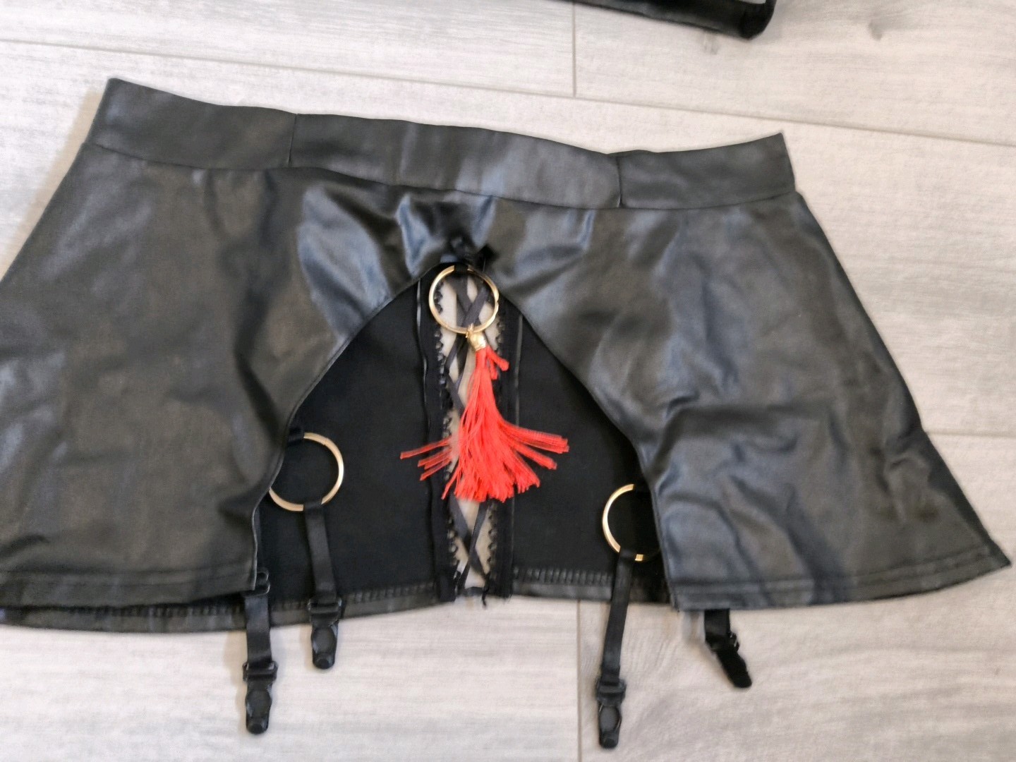 BNWOT Black PVC & Sheer Mesh Tassel Suspender Skirt & Bra Top Set Size 10-14