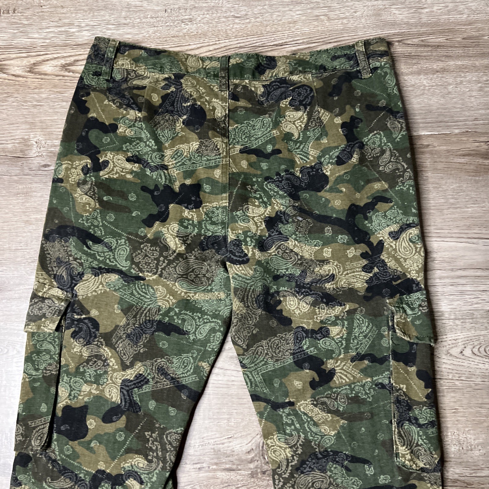BoohooMan Stacked Pants Mens 32 Camo Bandana Print Cargo Pocket Flare Leg NWT