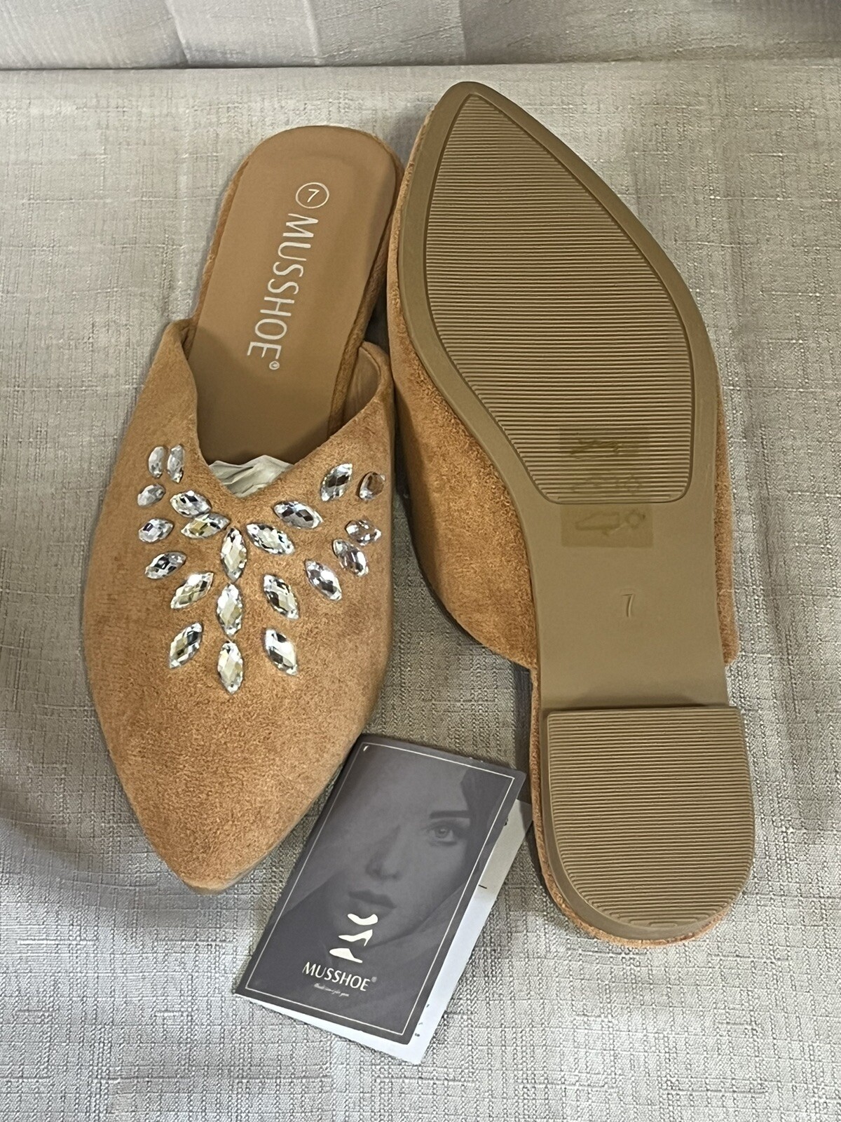 Musshoe Womens Slip On Pointed Toe Comfort Flats Mules Tan Size 7