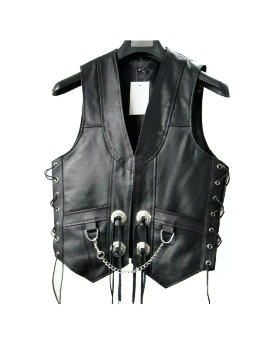 Men’s Black Leather Fringed Concho Chain Vest Motorcycle Biker XS to 5XL New