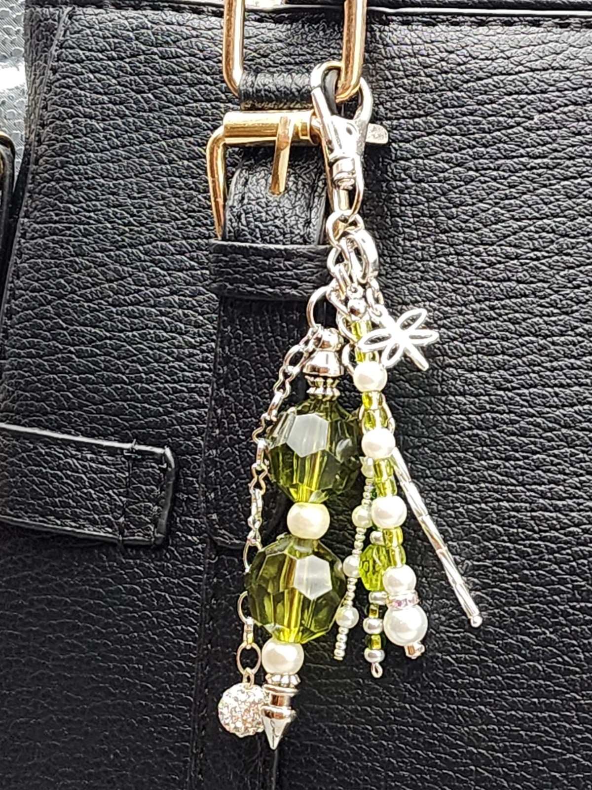 Olive Green Pearl Dragonfly Bag Charm – Crystal Beads, Silver Clasp, Nature Insp