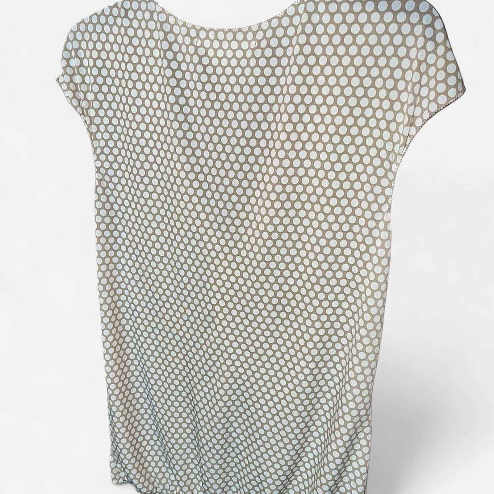 Max Studio Beige White Polka Dot V-Neck Cap Sleeve Babydoll Top – Size L