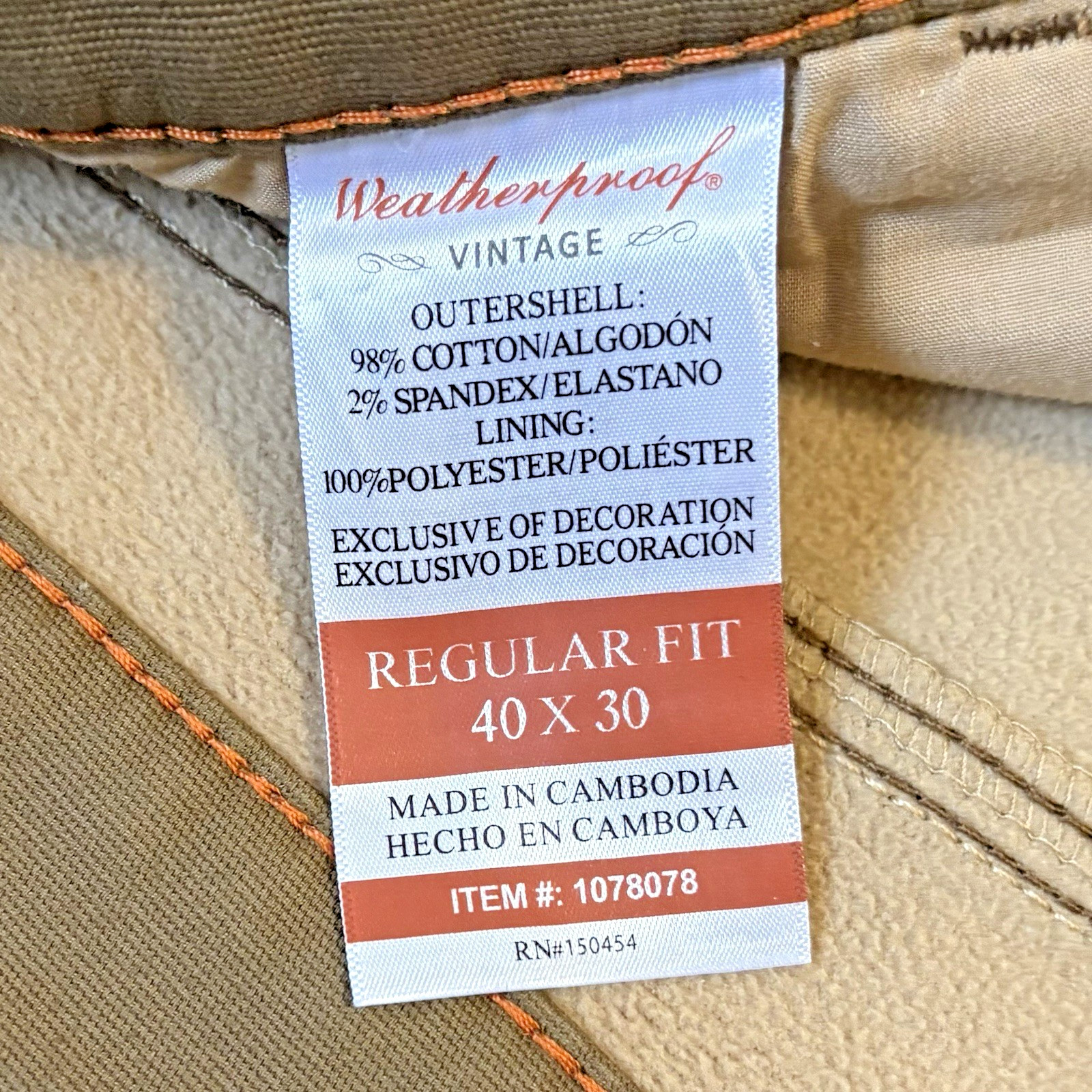 Vtg 40×30 Fleece Men Weatherproof Lined Stretch Canvas Brown Pants Item 1078078