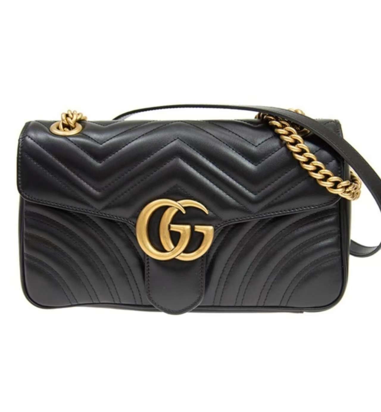 GG Marmont Medium 26cm Black Matelassé Chevron Leather Shoulder Quilted Purse