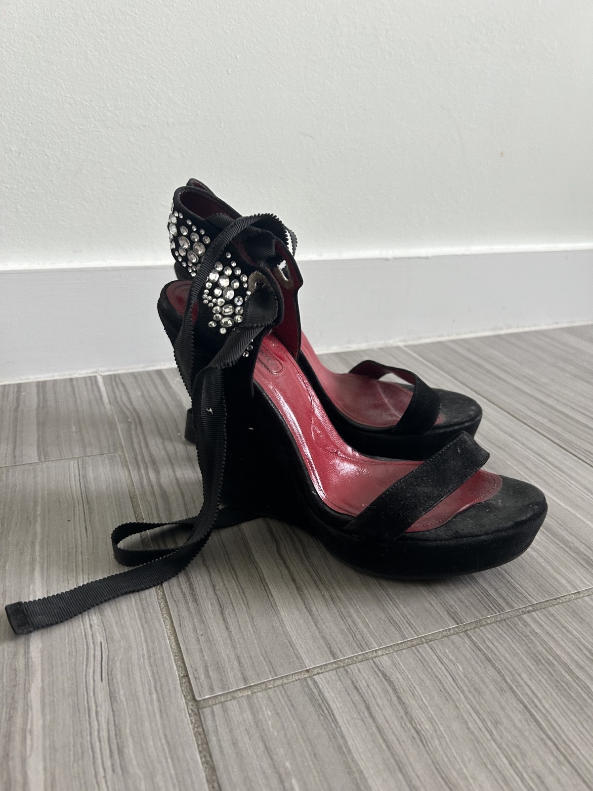 Cesare Paciotti Platform Heels Women Black Suede Rhinestone Ankle Wrap Sandals