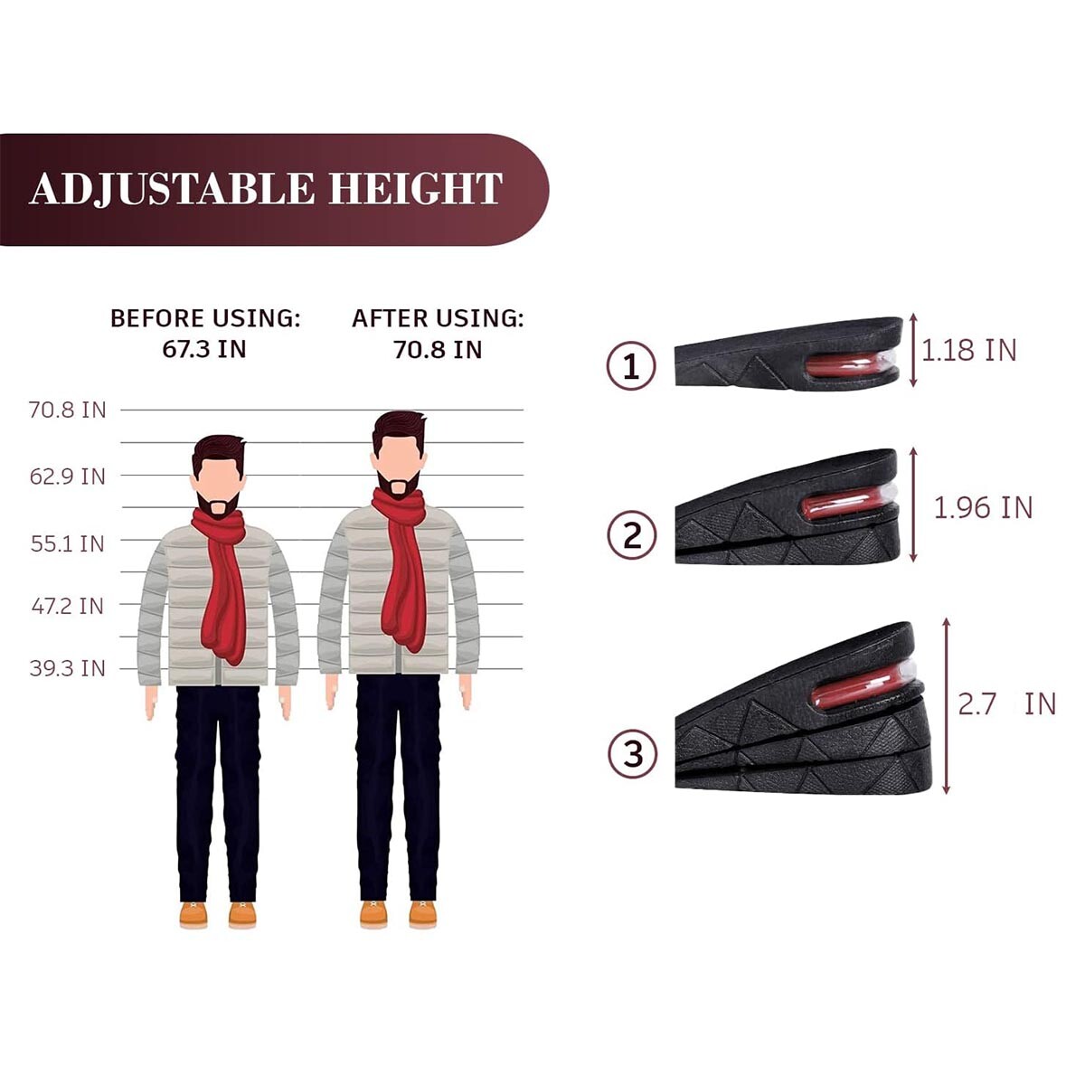 7cm Shoe Increase Lifts for Men and Women Insole 3 Layer Height Heel Air Cushion