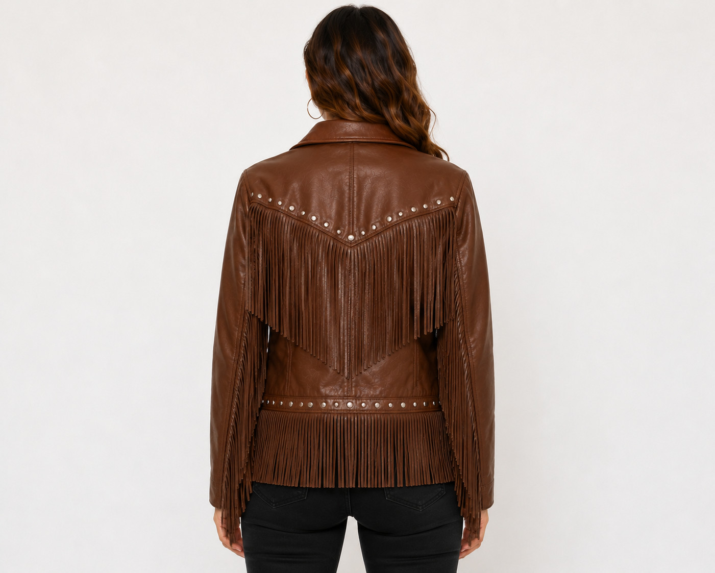Womens Brown Leather Fringe Jacket – Western Studded Cowgirl Vintage Button Coat