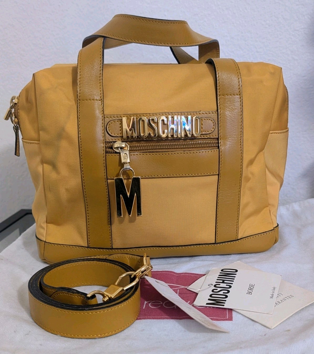 Vintage MOSCHINO REDWALL Mustard Nylon & Leather 2 Way Satchel Bag