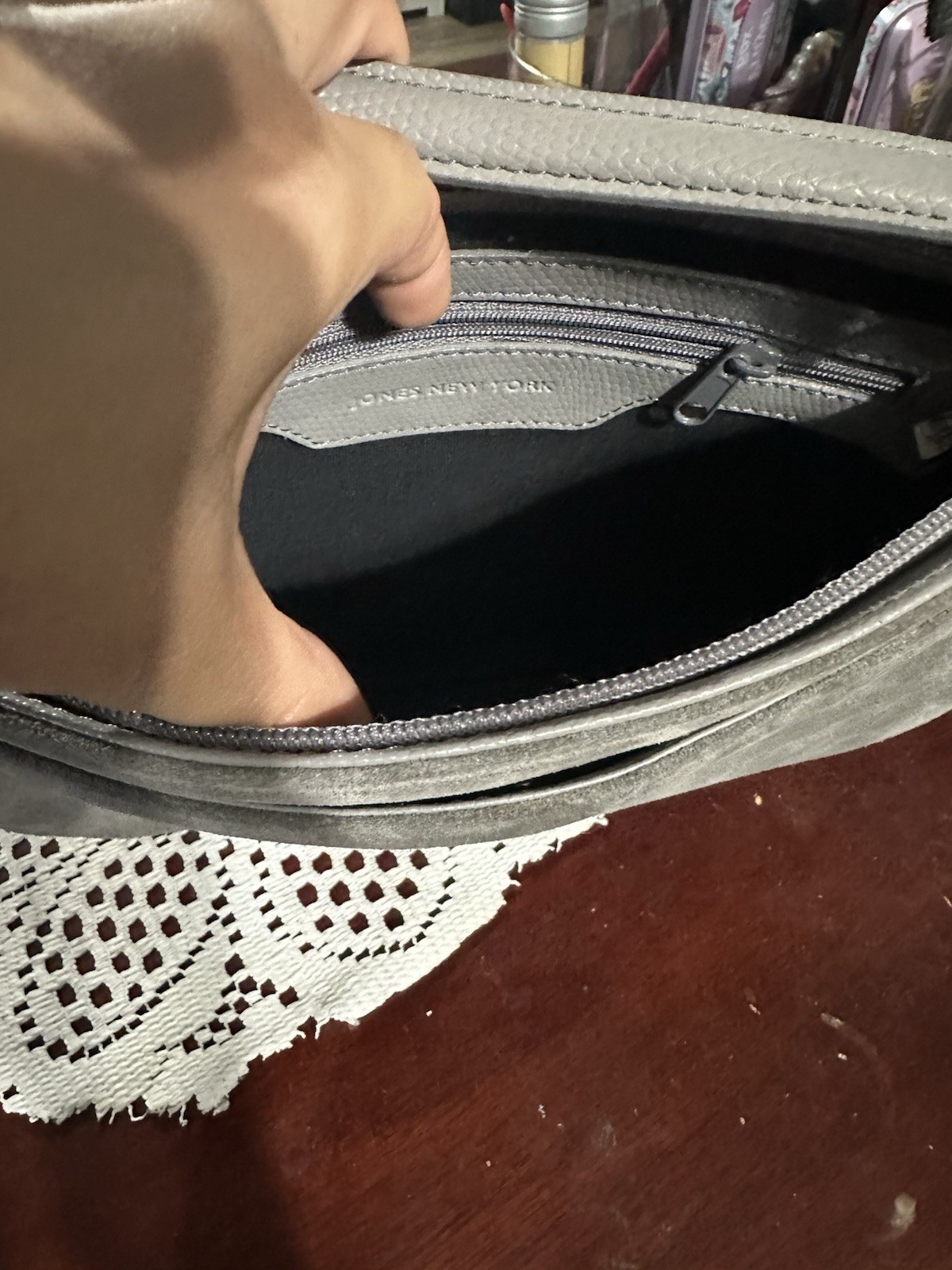 Jones New York Gray Solid Shoulder Bag Zip Closure Inner Pockets Black Lining