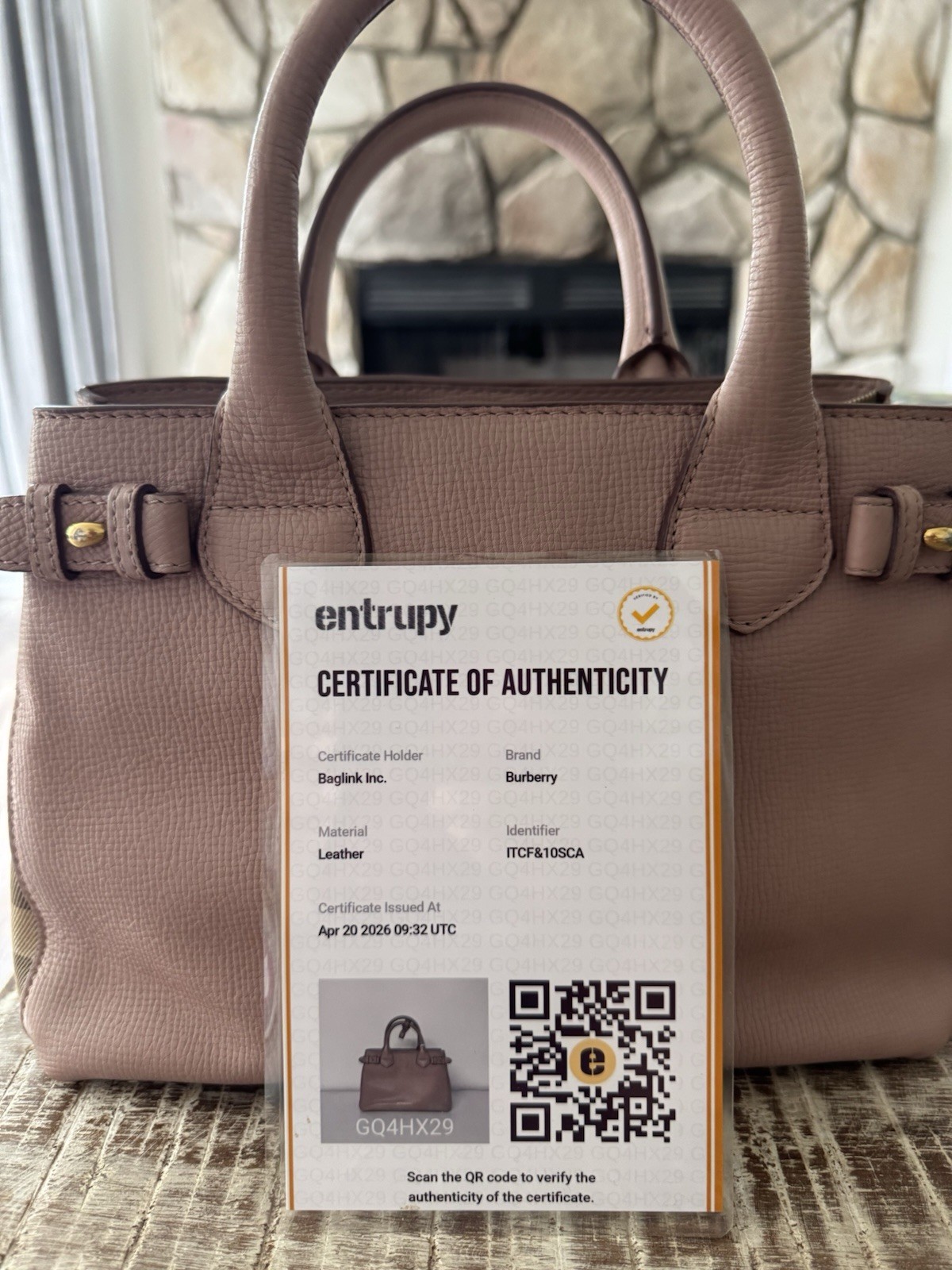 BURBERRY Pink Pebbled Satchel Top Handle Check Panels Gold Hardware COA