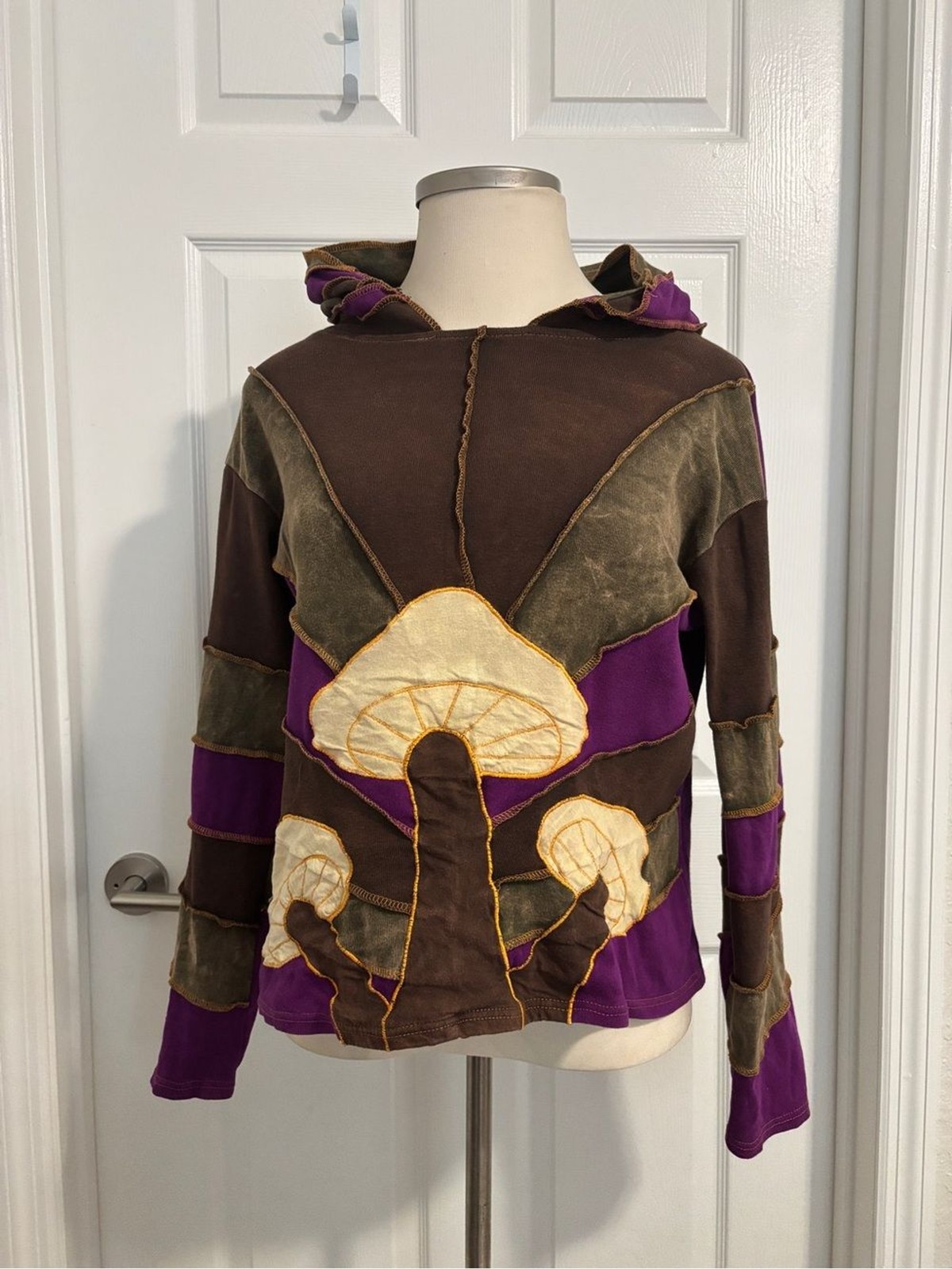 Gypsy Rose M Women’s Patchwork Hoodie Mushroom Hoodie in Brown, Purple & Cream