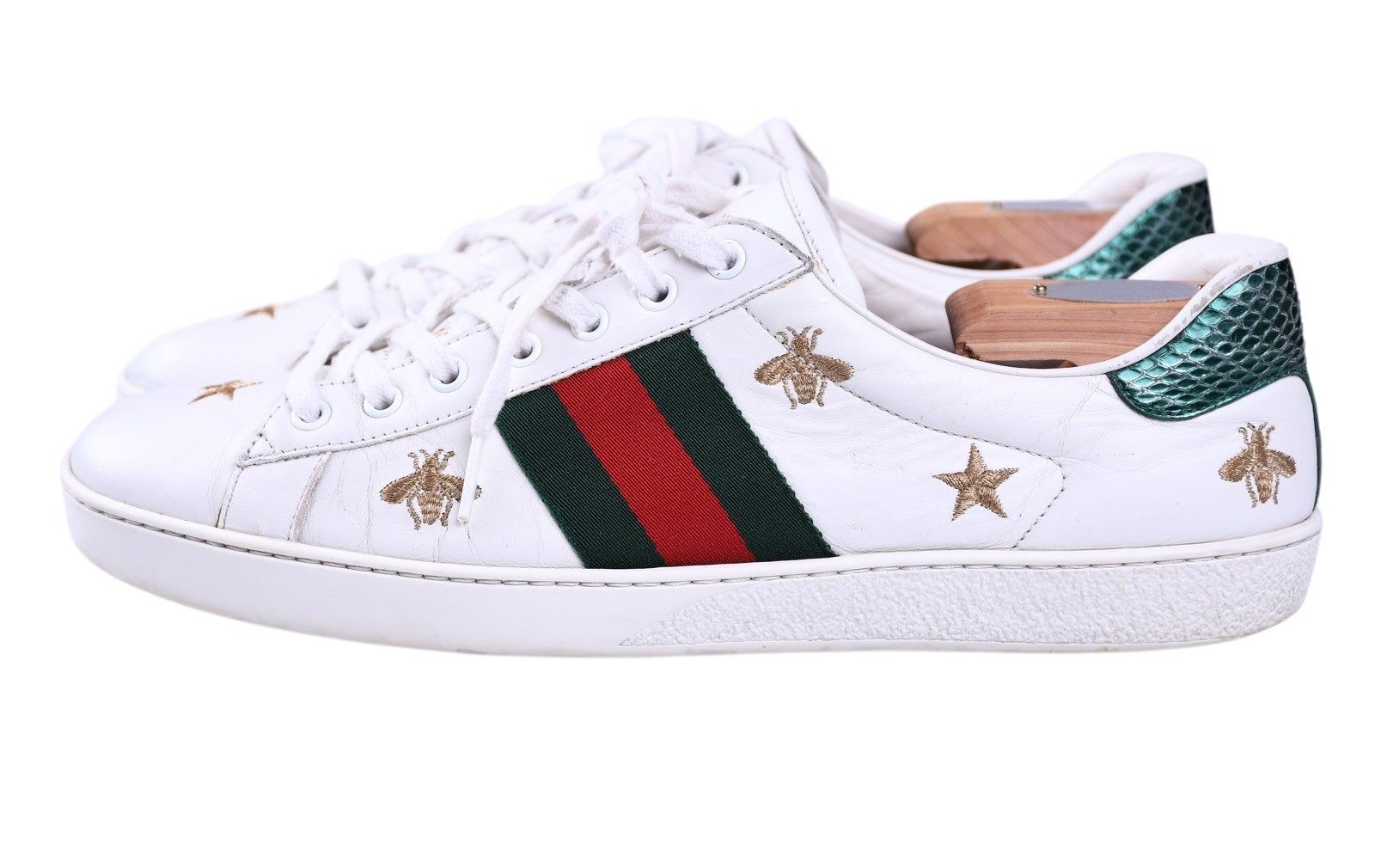 Gucci Ace Bee Star Sneakers Whie Leather Web Stripe Mens UK 9 – US 10