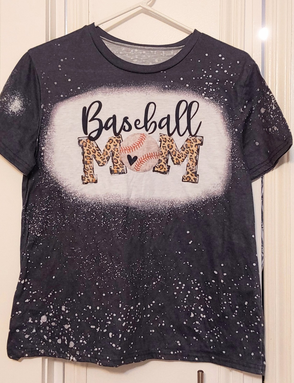 Women’s Black/White Cotton Knit Crew Neck Short Sleeve Baseball Mom Tee L