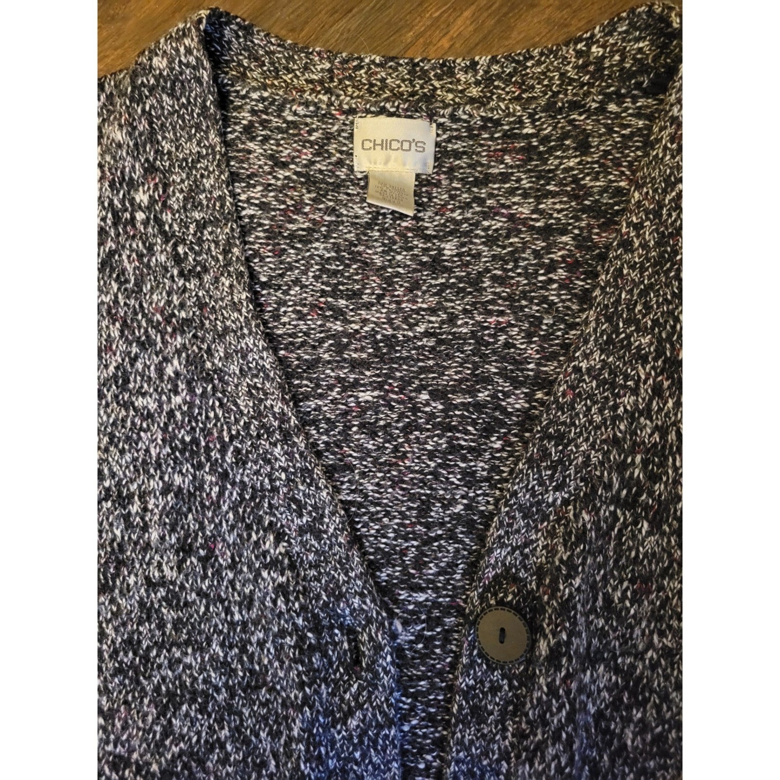 Chicos Marled Knit Cardigan Sweater Black White Button Front Size 0 Longline 814